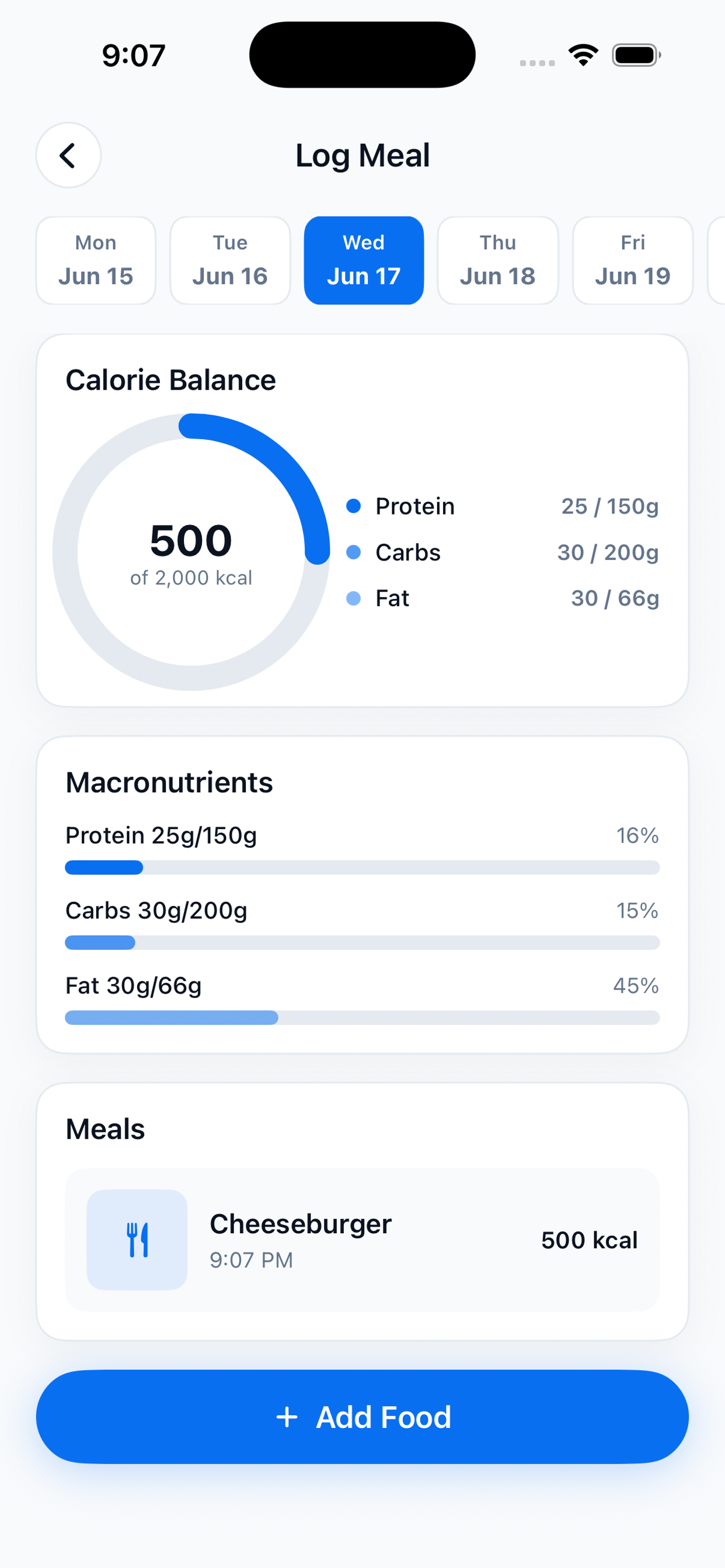 Vaylo meal logging screen with calorie balance, macronutrients, and add food action.