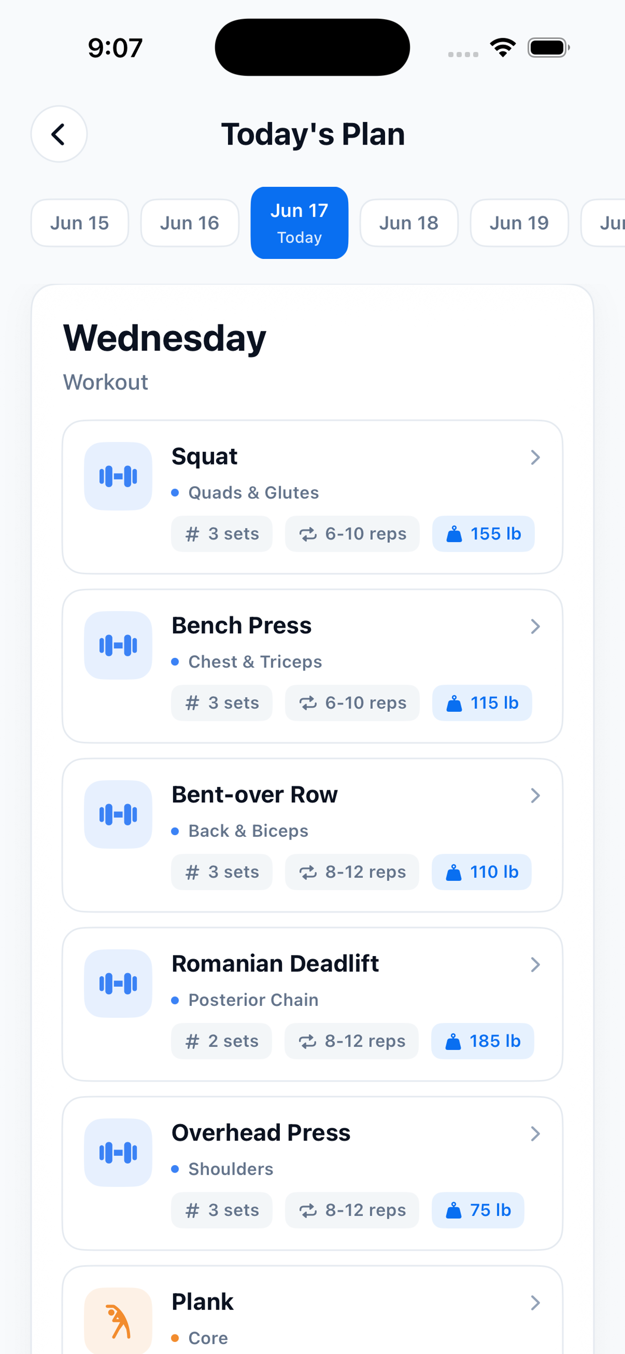 Vaylo Fitness daily workout plan with exercises, sets, reps, and weights.
