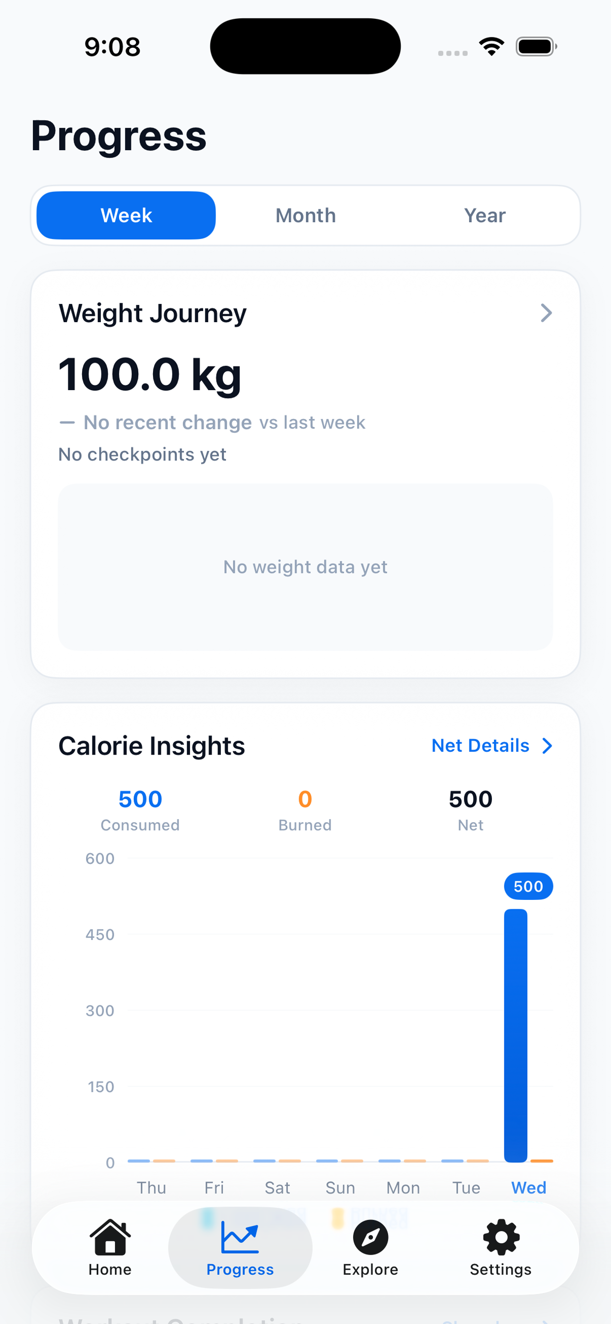 Vaylo progress screen with weight journey and calorie insights chart.