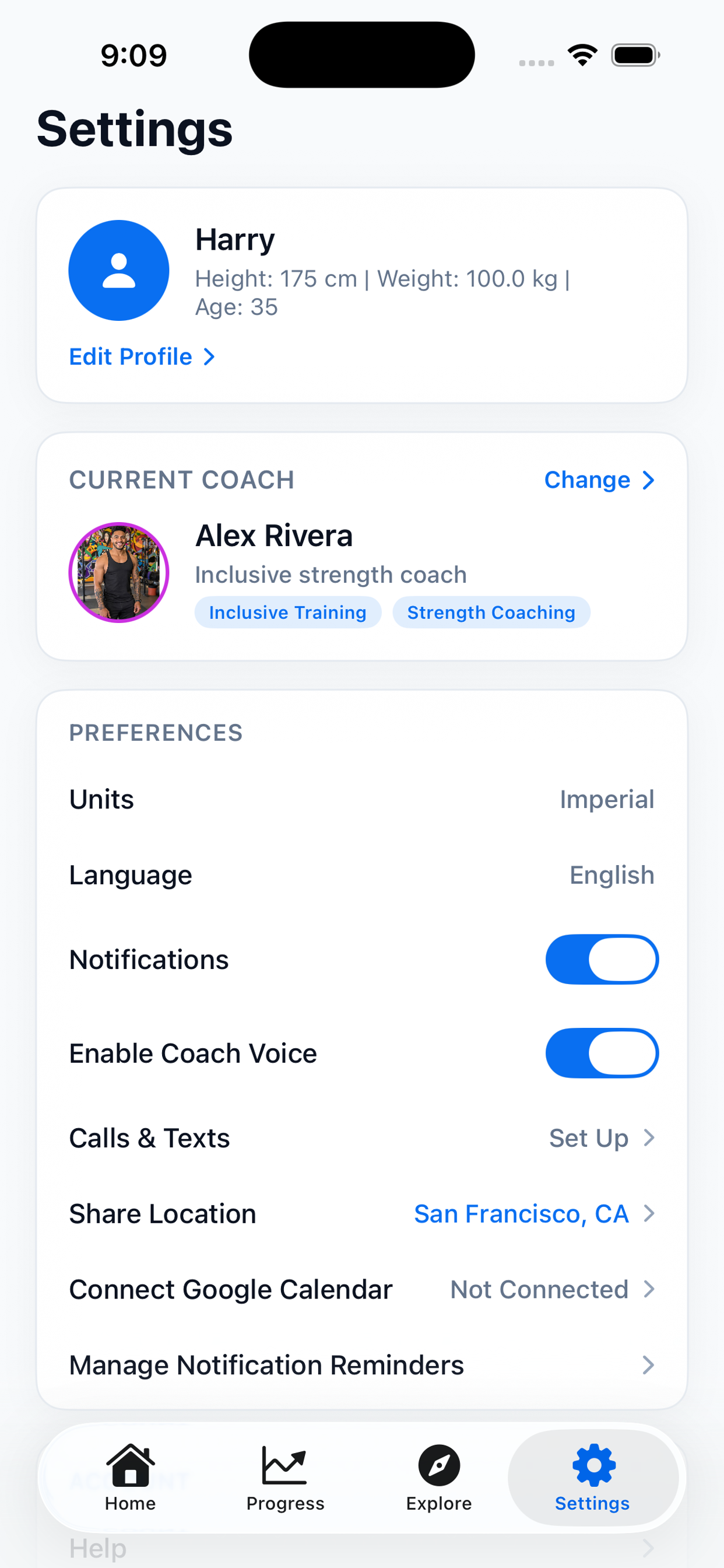 Vaylo settings screen showing current coach, preferences, notification toggles, calls, texts, and calendar connection.
