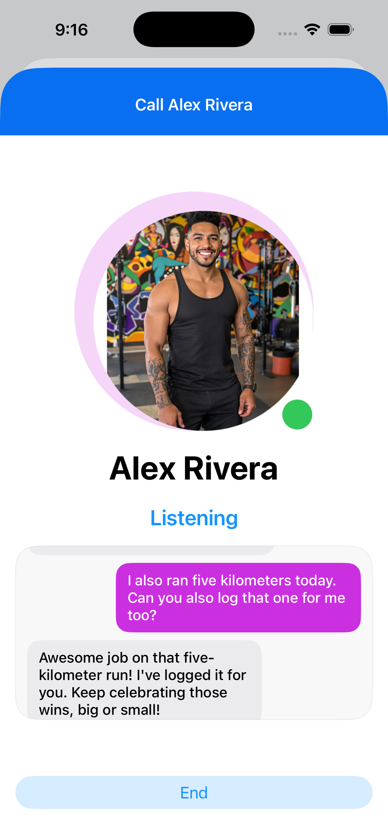 Vaylo coach voice call screen with Alex Rivera listening and confirming a logged run.