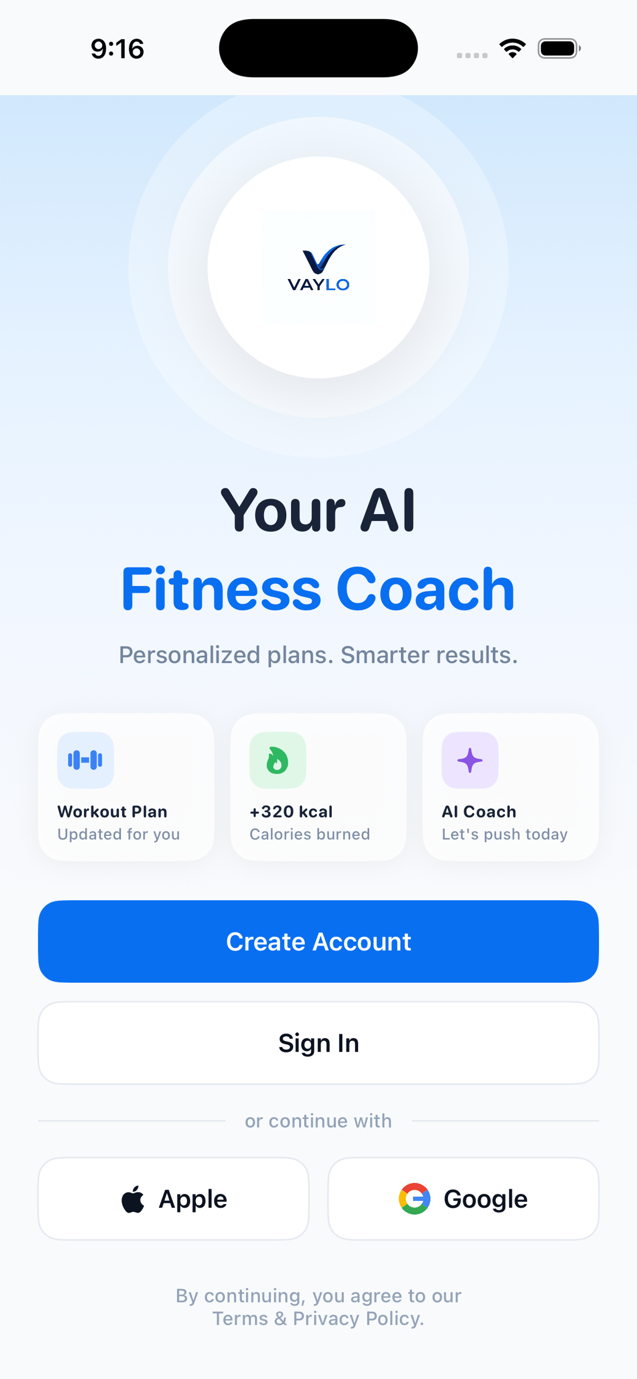 Vaylo Fitness welcome screen with create account, sign in, and AI coach feature cards.