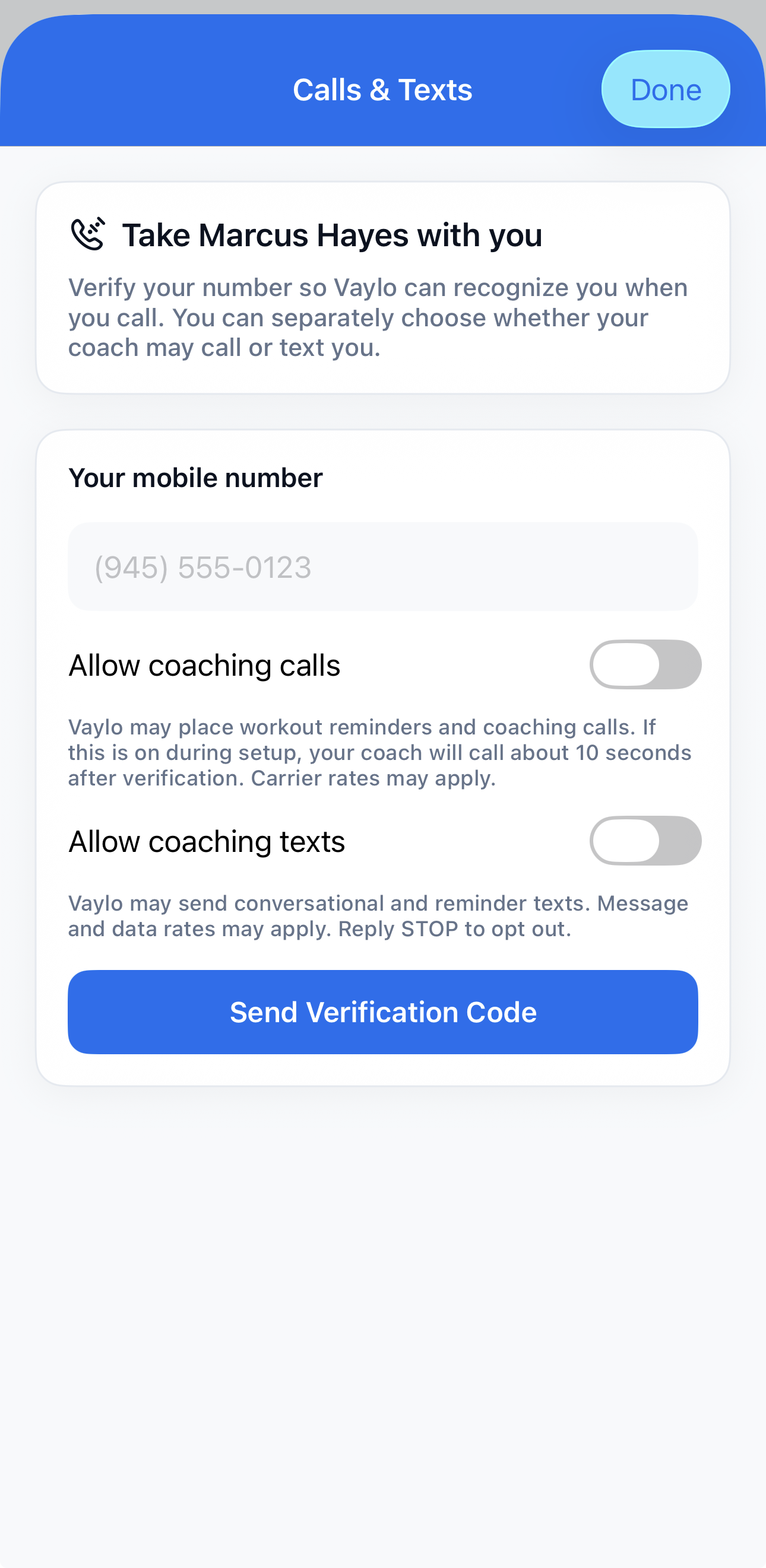 Vaylo Fitness Calls and Texts opt-in screen showing mobile number verification and separate toggles for coaching calls and coaching texts.